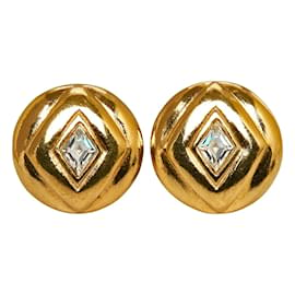 Chanel-Round Diamond Rhinestone Clip On Earrings-Golden