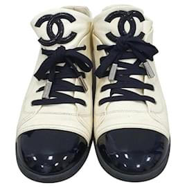 Chanel-Chanel White Black Patent Leather Captoe CC Logo Sneakers-Black,White