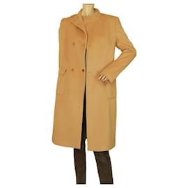 Valentino-Valentino lined-breasted beige wool coat gold buttons militaire style stand up collar-Beige