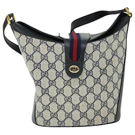 Gucci-GUCCI GG Canvas Sherry Line Shoulder Bag PVC Leather Gray Red Navy Auth 52037-Red,Grey,Navy blue