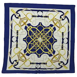Hermès-HERMES CARRE 90 Fellier Eperon d�for Scarf Silk Blue White yellow Auth 52260-White,Blue,Yellow