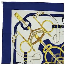 Hermès-HERMES CARRE 90 Fellier Eperon d�for Scarf Silk Blue White yellow Auth 52260-White,Blue,Yellow