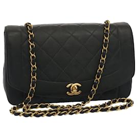 Chanel-CHANEL Diana Matelasse Turn Lock Shoulder Bag Lamb Skin Black CC Auth 51272a-Black