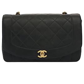 Chanel-CHANEL Diana Matelasse Turn Lock Shoulder Bag Lamb Skin Black CC Auth 51272a-Black