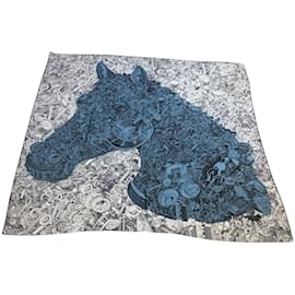 Hermès-Hermes Blue Multi Des Chevaux Sous Le Capot Large Square Cashmere and Silk Shawl / Scarf-Blue
