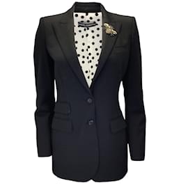 Dolce & Gabbana-Dolce & Gabbana Black Bee Embellished Two-Button Wool Blazer-Black