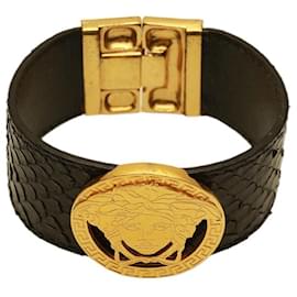Versace-Versace Vintage Medusa Head Meander Bracelet en cuir peau de serpent menthe-Noir