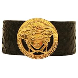 Versace-Versace Vintage Medusa Head Meander Bracelet en cuir peau de serpent menthe-Noir