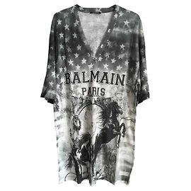 BALMAIN Camiseta ancha de punto de lino Gris