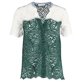 Sandro-Sandro Paris Lace V-neck Buttoned Blouse in Green and White Polyester-Green
