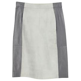 Iris & Ink-Iris & Ink Two-Tone Mini Skirt in Grey Goat Suede and Lamb Leather -Grey