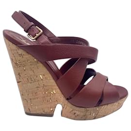 Yves Saint Laurent-YSL Deauville Taurillon brown leather wedge sandals-Brown,Chestnut