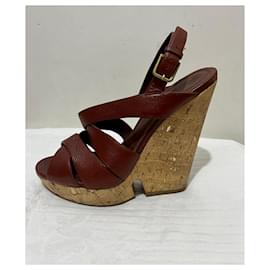 Yves Saint Laurent-YSL Deauville Taurillon brown leather wedge sandals-Brown,Chestnut