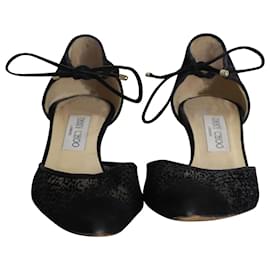 Jimmy Choo-Zapatos de tacón Burnout D'Orsay con cordones al tobillo Valor de Jimmy Choo en malla negra-Negro