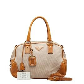 Prada-Prada Leather Trimmed Canapa Handbag Canvas Handbag BT0433 in Good condition-Brown