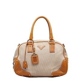 Prada-Prada Leather Trimmed Canapa Handbag Canvas Handbag BT0433 in Good condition-Brown