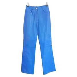 Céline Celine Spring 2000 Cerulean Blue Leather Pants Blue