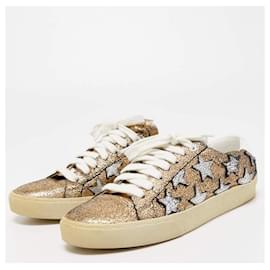 Saint Laurent-Sneakers Star Court in pelle di vitello metallizzata-Argento,D'oro