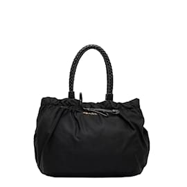 Prada-Prada Tessuto Bow Handle Bag Sac à main en toile en bon état-Noir