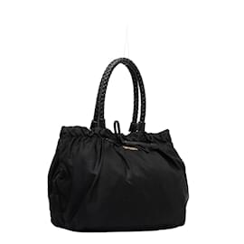 Prada-Prada Tessuto Bow Handle Bag Sac à main en toile en bon état-Noir
