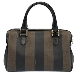 Fendi-FENDI Pecan Canvas Mini Boston Bag Noir Marron Auth 52490-Marron,Noir
