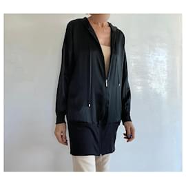 Adolfo Dominguez-Long black vest jacket with zipped hooded silk and lyocell T.S-Black