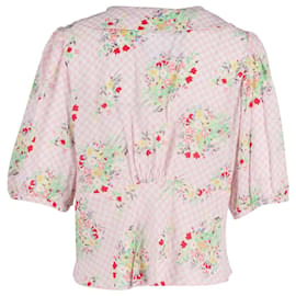 Autre Marque-Rixo Checkered Floral Top in Pink Silk -Pink