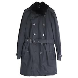 Burberry-Trench-coat à boutonnage doublé et col bordé de fourrure Burberry en coton noir-Noir