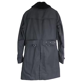 Burberry-Burberry Fur-Trimmed Collar Double-Breasted Trench Coat in Black Cotton-Black
