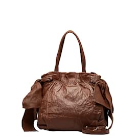 Prada-Leather Bow Tie Tote-Brown