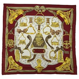 Hermès-HERMES CARRE 90 ETRIERS Scarf Silk Wine Red White yellow Auth 51905-White,Other,Yellow