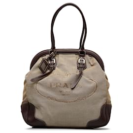 Prada-Prada Brown Canapa Logo Frame Tote Bag-Brown,Beige