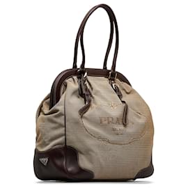 Prada-Prada Brown Canapa Logo Frame Tote Bag-Brown,Beige