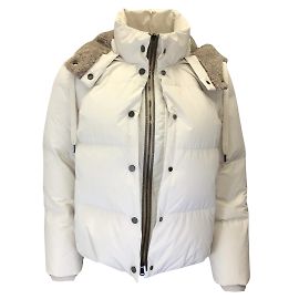 Brunello Cucinelli Elfenbein / Steppjacke aus grauem Lammfellbesatz mit Monili-Perlendetail Roh