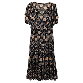 Ulla Johnson-Ulla Johnson Floral Print Ruffled Midi Dress in Black Cotton-Other