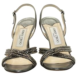 Jimmy Choo-Jimmy Choo Crystal-Embellished Cross Strap Sandals in Silver Gunmetal Leather-Silvery,Metallic