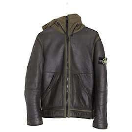 Stone Island-Stone Island Front Zip Hooded Jacket in Brown Sheepskin Leather-Brown