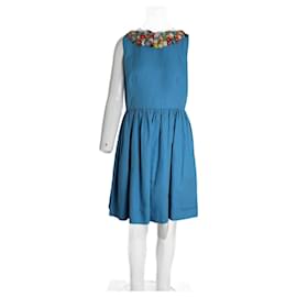 Red Valentino-RED Valentino Sleeveless Mini Dress with Leather Floral Neckline in Blue Cotton-Blue