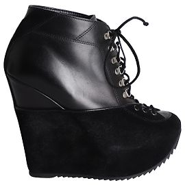 Scarpe con zeppa con plateau stringate Saint Laurent in pelle nera e pelle scamosciata Nero