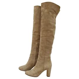 Chanel-CHANEL Beige Suede Cap Toe CC Thigh High Over The Knee Tall Boots-Beige