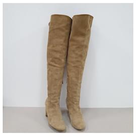 Chanel-CHANEL Beige Suede Cap Toe CC Thigh High Over The Knee Tall Boots-Beige