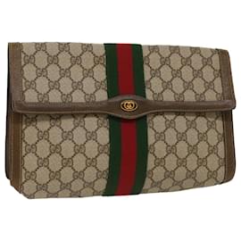 Gucci-GUCCI GG Toile Web Sherry Line Pochette Beige Rouge 67.014.3087 Auth yk8319-Rouge,Beige