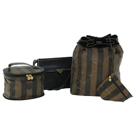 Fendi-FENDI Pecan Canvas Pouch Shoulder Bag Leather 3Set Brown Black Auth bs7664-Brown,Black