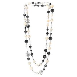 Chanel 11a, 2011 Fall Crystal CC Pearl And Stone Bead Long Multi Color Necklace Black Beige Silver hardware