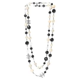 Chanel-Chanel 11a, 2011 Fall Crystal CC Pearl And Stone Bead Long Multi Color Necklace-Black,Beige,Silver hardware