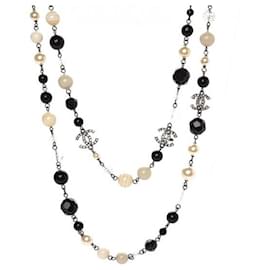 Chanel-Chanel 11a, 2011 Fall Crystal CC Pearl And Stone Bead Long Multi Color Necklace-Black,Beige,Silver hardware