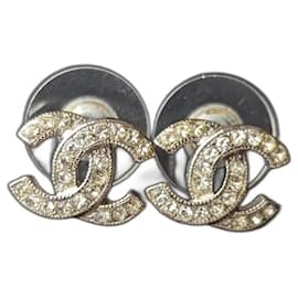 Chanel-CC F16V Classic Crystal Silver Hardware Logo Earrings box tag-Silvery