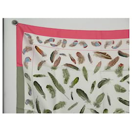 Hermès-NEW HERMES FEATHER SCARF HENRI DE LINARES SQUARE 90 SILK SCARF-Pink