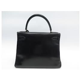 Hermès-VINTAGE HERMES KELLY HANDBAG 28 BLACK BOX LEATHER RETURN 1970 LEATHER HAND BAG-Black
