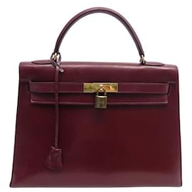 Hermès-VINTAGE HERMES KELLY HANDBAG 33 BORDEAUX RED BOX LEATHER SELLIER HAND BAG-Dark red
